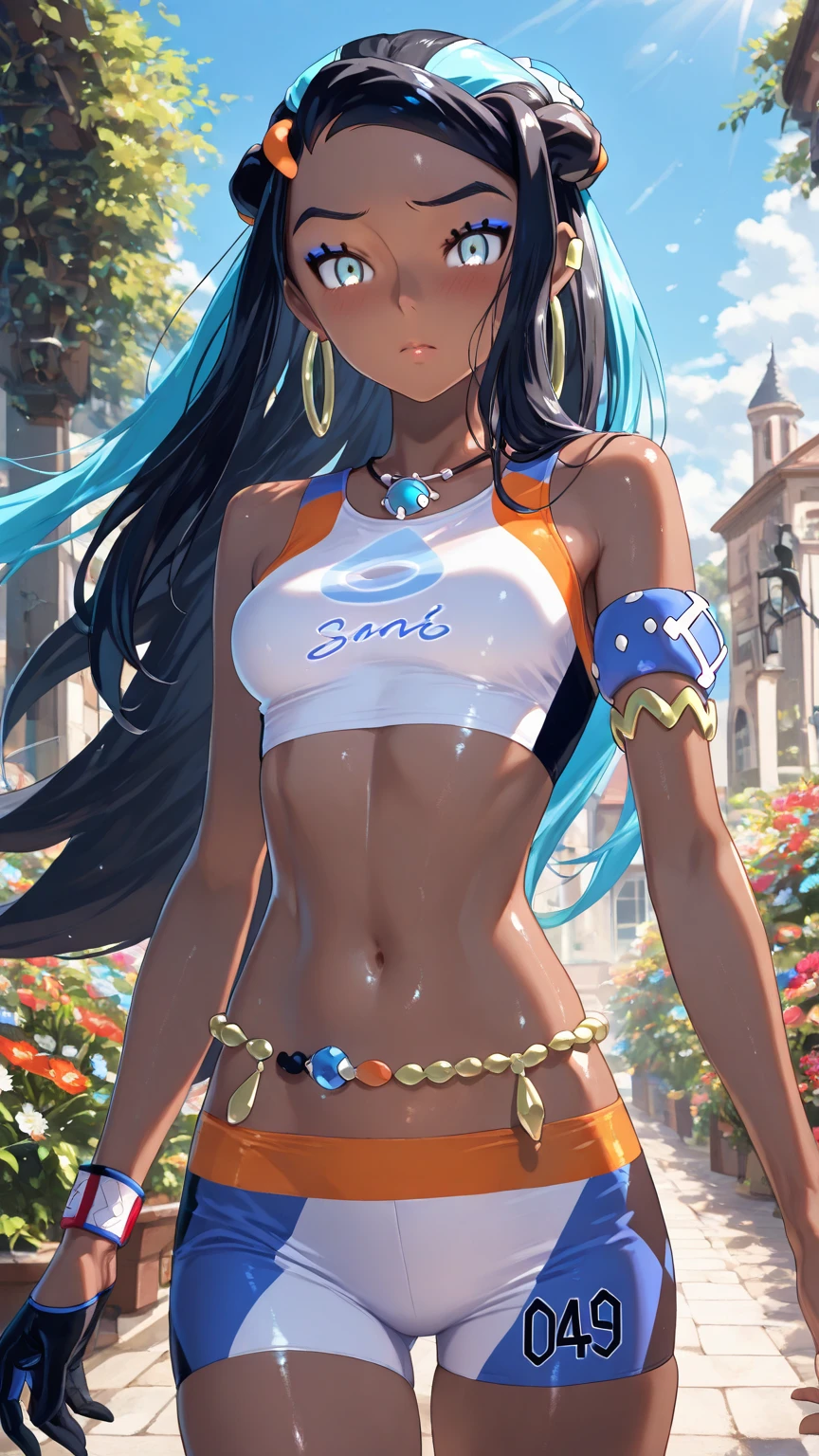 Holo-Punk Style, Best quality, masterpiece, ultra high res, (((ebony girl))), (dark skin:1.25), long rainbow hair in background, rapunzel cosplay, rainbow hair with ponytail, jade eyes, see-through bikini