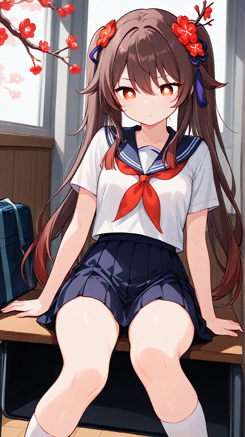 A female student in a sailor uniform is watching a physical education class in the gymnasium because she is feeling unwell