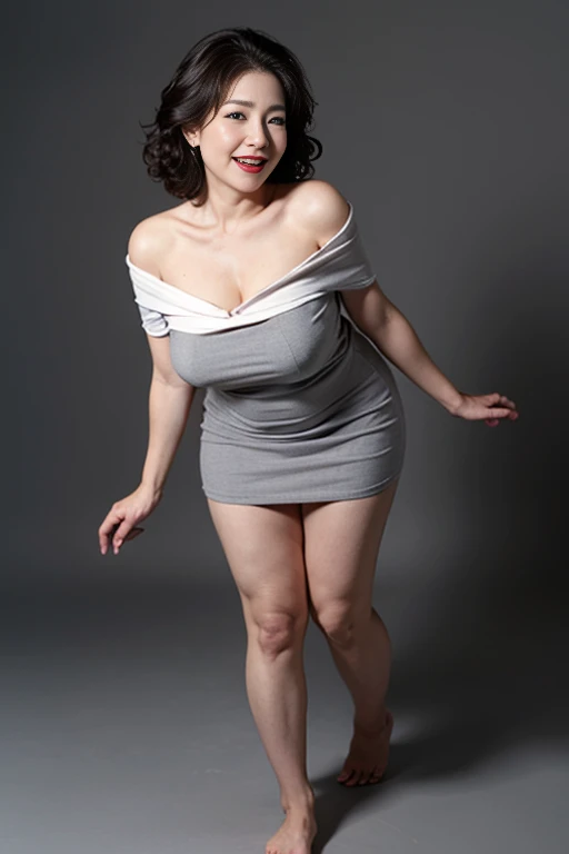 ((highest quality)), ((masterpiece)), (Familiar), Perfect Face, Mature Woman, 65 years old, Japanese,  (Voluptuous), Big Breasts, Large areola, Erect nipples, Round and small face, Big Nose, length, Narrow eyes, Cat-like eyes, , Big Ass, Plump thighs, Full body image, Tank top, Lightweight mini shorts, Shallow inseam, Wavy short hair,