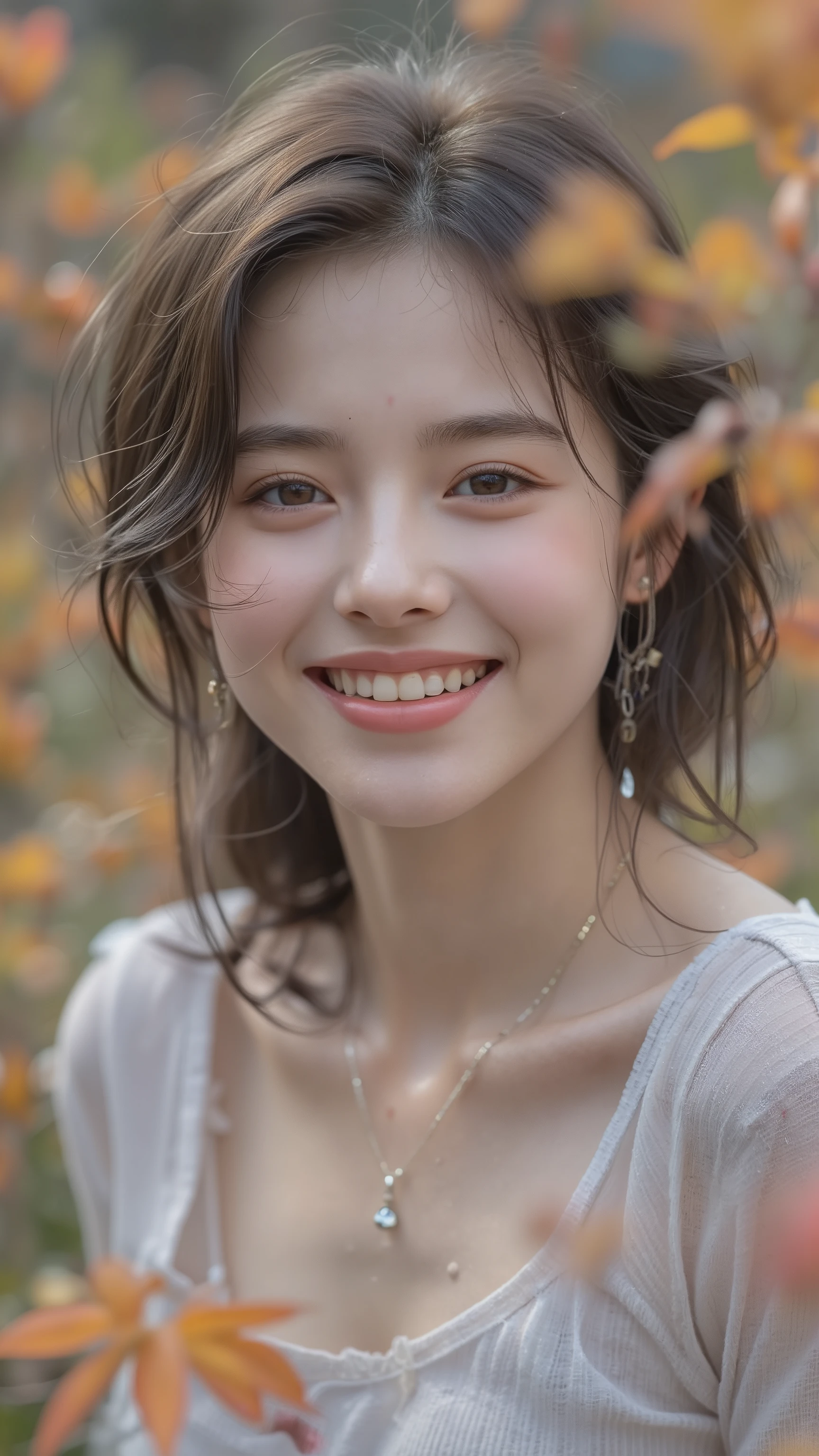 ((Medium shot)), Brightly, loudly and brightly ((laughing next to me)), (( Smile )), well-groomed hair, Surrounded by T-shirts with a sophisticated beauty that slightly shows the breastbone, ((Autumn Maple Grass))Relaxing at