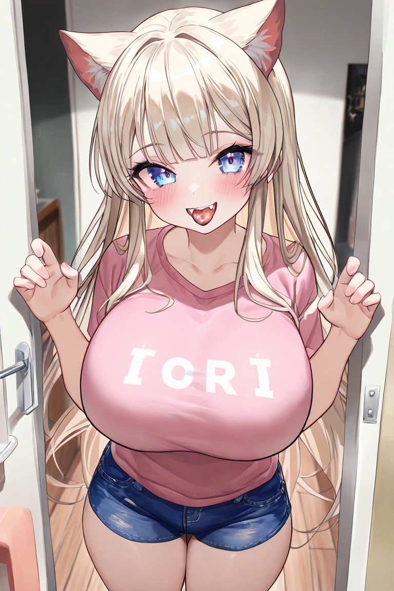 #Basics Girl posing for a photo, animeのcute少女, ((One Girl)), ((Baby Face:1.5)), ((cute:1.5)), (()), 
break 

#Clothing Accessories 
(Red Trucker Hat) + (Black short sleeve T-shirt) + (Denim shorts) + (Low denier black pantyhose) + (Blue sneakers),  
((Blue gemstone earrings)), 
break 

#Features 
((Blonde:1.2)), ((A beautiful frame is visible., Deco bangs:1.4)), ((ponytail) : Long Hair + Voluminous Hair + Curly Hair + Curly hair), 
((Big eyes:1.4)), ((blue eyes)), 
(Small breasts), 
(White skin), 
break 

#background environment 
((noon, A sunlit park, blue sky)), 
#Facial Expression Pose 
((Serious face + (Open your mouth))), ((Reach out to the camera)), 
#composition 
((Side angle)), ((Cowboy Shot)), 
break 

#Body parts elements 
(Slim figure), 
(Symmetrical facial features), 
(Detailed Hair, Beautiful Hair, Shiny Hair), 
(double eyelid, Long eyelashes, Thin eyebrows:0.5), 
(Detailed eyes), (Beautiful Eyes), (Sparkling eyes), Glitter Eyeliner, 
(Human Ear), 
(Beautiful Nose, Thin Nose), 
(Glossy Lips, Beautiful Lips, Thick lips), 
(Detailed skin, Textured skin, Beautiful Skin, Oily skin), 
break 

#quality  
(((最高quality)), ((masterpiece:1.3)), ((Very detailed))), ((Ultra-high resolution)), ((16K)), ((1080P)), ((Full HD)), 
((Anatomically correct)), ((Realistic)), (3DCG), ((oil)), 
((comics, anime)), (CG illustration), (RAW Photos), 
