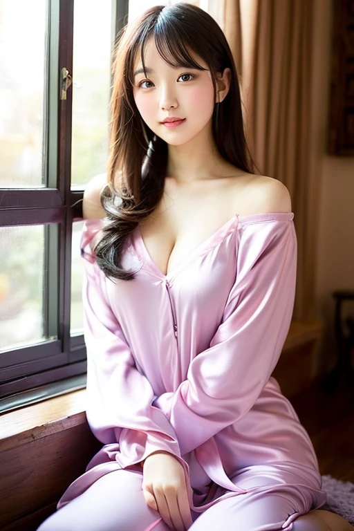 instagram photo, closeup face photo of 23 y.o Chloe in kebaya, cleavage, pale skin, (smile:0.4), hard shadows, Pink pajama