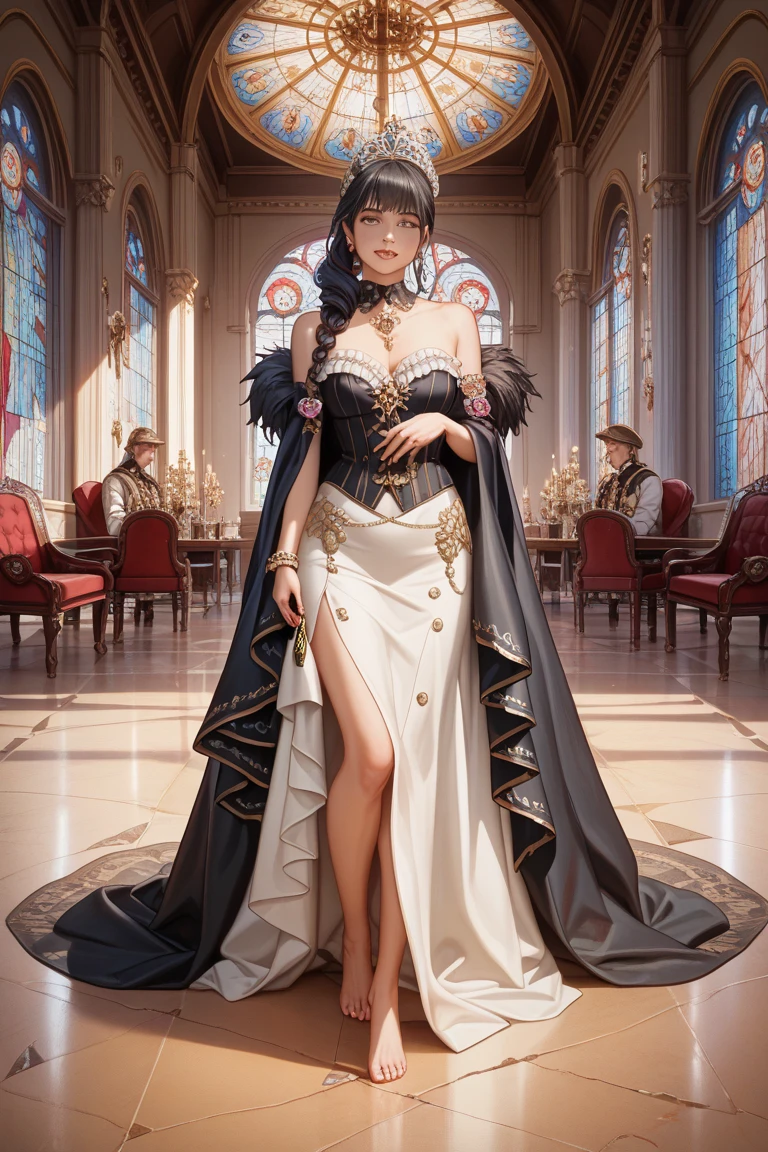 solo, women, green eyes, long hair, black color hair, bare shoulder clothing, formal outfit, long skirt, boots, diamond earrings, Gold necklace, red lipstick, gold bracelet, outdoor, medieval, park Castle, morning day, full body version, full shot camera, (detailed background, detailed hair, detailed clothing), (Bleach style art), big breasts, happy eyes, smile mouth, standing gesture
