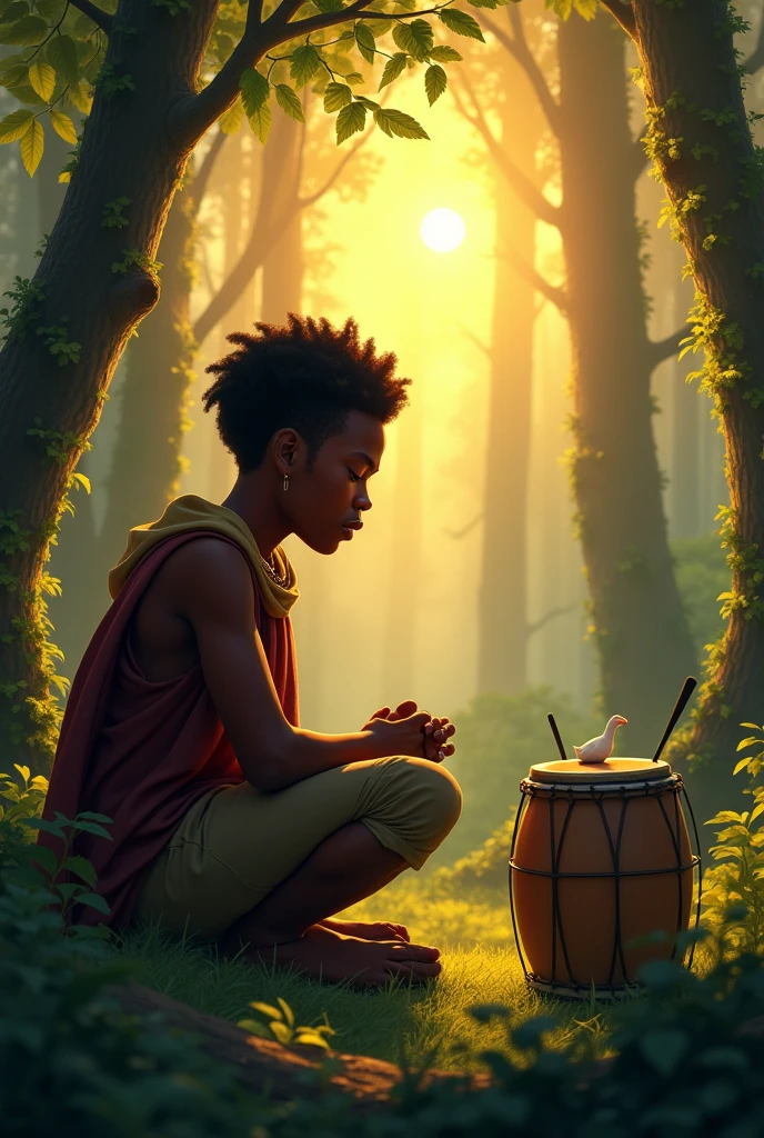 An ethiopian boy playing an ethiopian flute ,he is looking sad and super hero at the same time and make it at dark place and his age is 20 , he wares like super heros clothe that indicate that he is tigrayan people and he is playing it and he have tears falling down his face keep this picture make the closes tigrayn flag