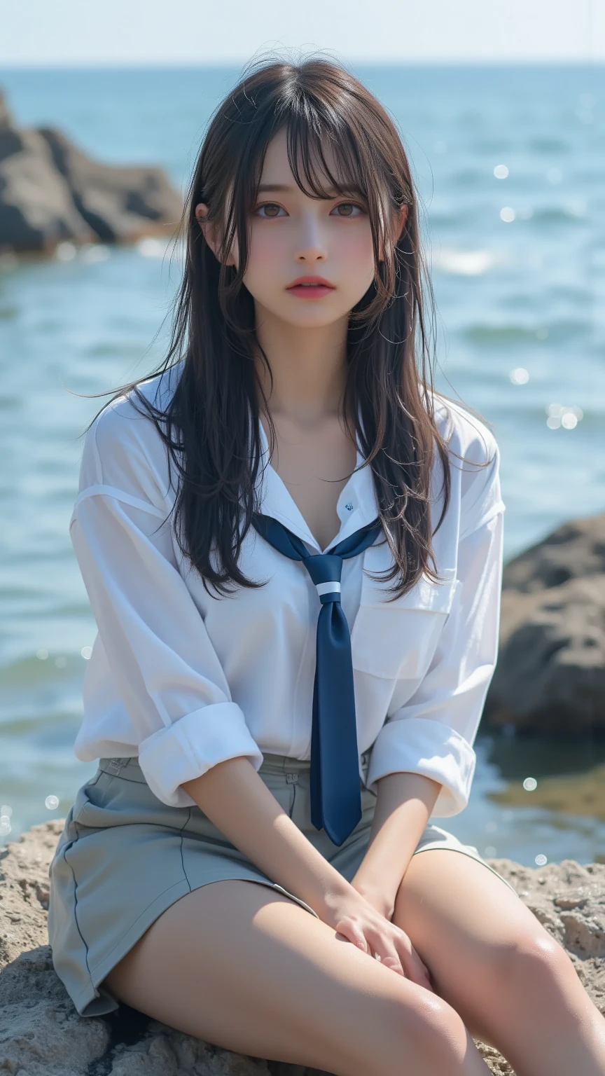 8k, Raw photo, highest quality, masterpiece:1.2), masterpiece, highest quality, figure, Very detailed, Fine details, High resolution, 8k,wallpaper, Perfect dynamic composition,(Detailed high quality, Realistic depiction of eyes:1.3)、 Woman、Arms wrapped around his back, hands tie behind back, Crouching on the deck of a yacht at sea、White panties are visible、Wearing a short-sleeved shirt、Wearing a long skirt、whole body、The whole thing faces forward、21talent、Beauty、I am a TV personality.、Well-formed face、Make your eyes even、Beautiful black hair fluttering violently in the wind、Fluttering bangs、Well-balanced proportionedium build、Beautiful legs、Refreshing small face、Beautiful scenery、