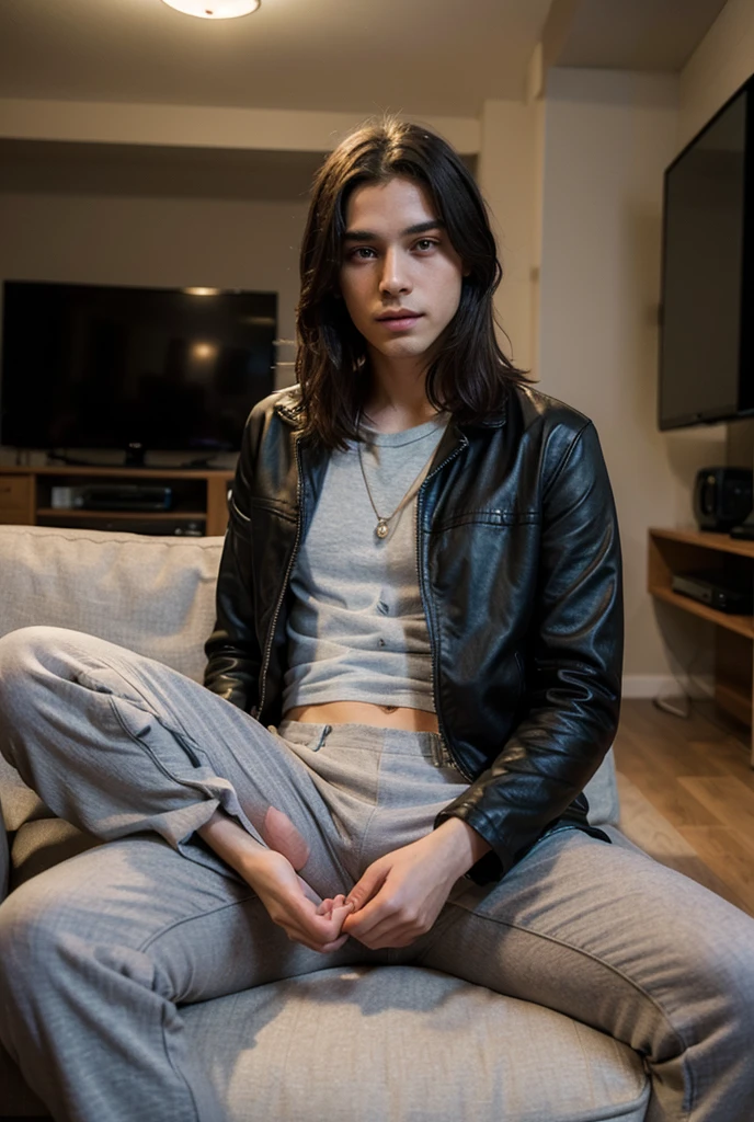 Emo femboy with long black sweatshirt and no pants has a penis
