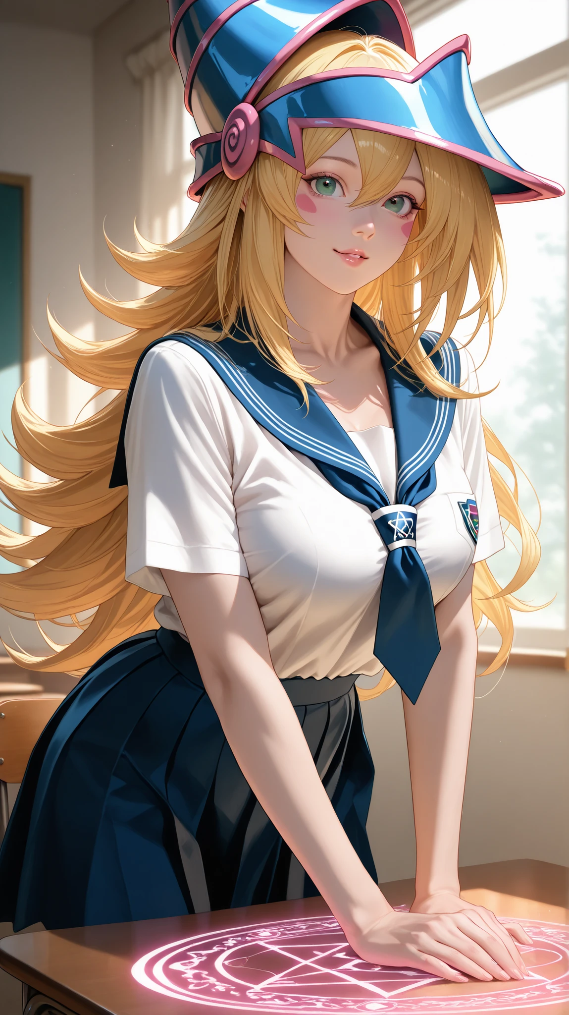 Dark Magician girls. realistic, Medium Shot Like a Painting of a Seductive White Woman, 2, 5'9" tall, perfect, Graceful physique . Her Long, Wavy Hair Is Vivid Turquoise Blue,.  She's Attractive //, Beautiful Woman in School Uniform,  Her pose is fluid and captivating, As if offering a magical drop、Extending one hand towards the viewer.Emits a Magical Magic Circle from One Hand/ tender, Neon Colored Diffused Light from the Magic Circle, Shining brightly, 