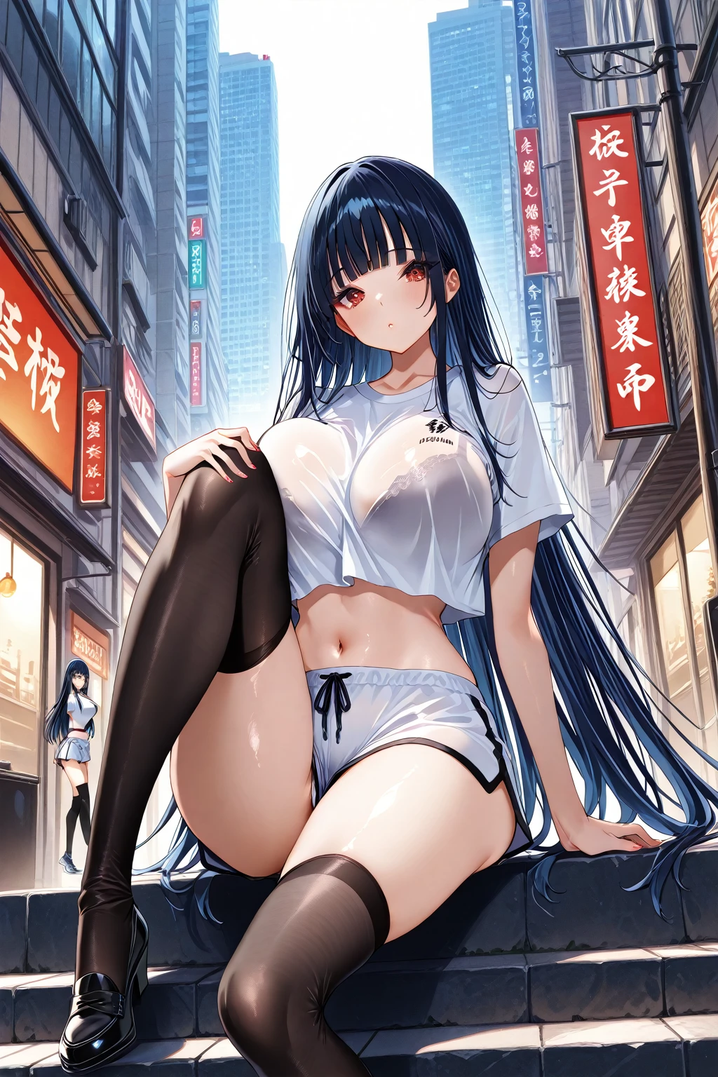 (Black long hair、Black straight hair:1.4)