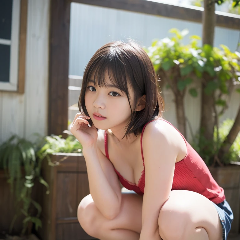 (8K、Raw photo、Highest quality、masterpiece:1.2)、(Realistic、Photorealistic:1.37)、Ultra-detailed、Ultra-high resolution、Feeling facial expression、(((Pink beige short hair)))(((Has a vibrator in it)))(((Hamao、A beautiful, well-proportioned face、Skin with attention to detail)))(((Black off-the-shoulder T-shirt、Denim mini skirt)))、Cleavage Emphasis、Aggressive、(((Squat down with your knees apart、Shiny panties visible through her miniskirt)))