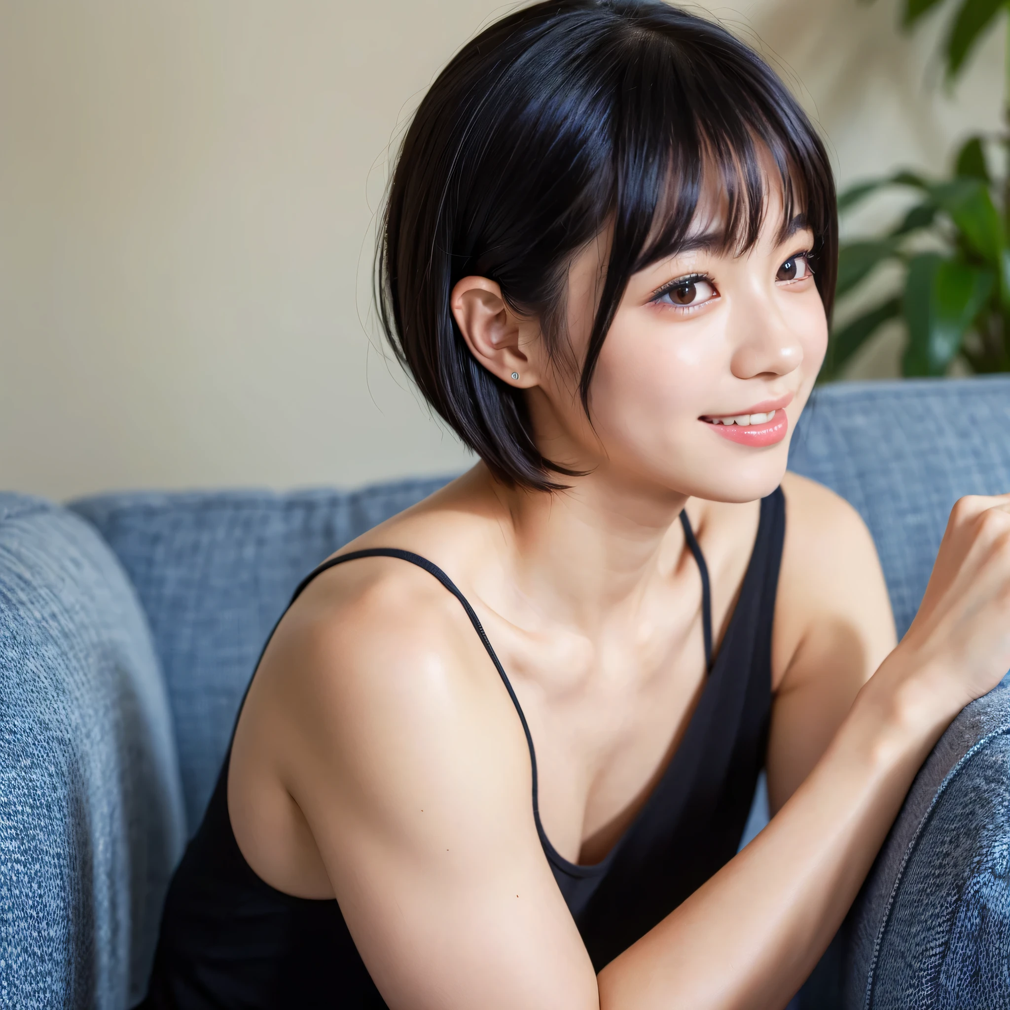 One Girl, short hair,Black Hair,smile, summer, room,sofa,Sit down,Down to the feet,6th grade elementary school, Look at me, Navy blue tank top,skirt,transparent, (masterpiece, Highest quality), Soft Light, Structure of the film, Cinematic