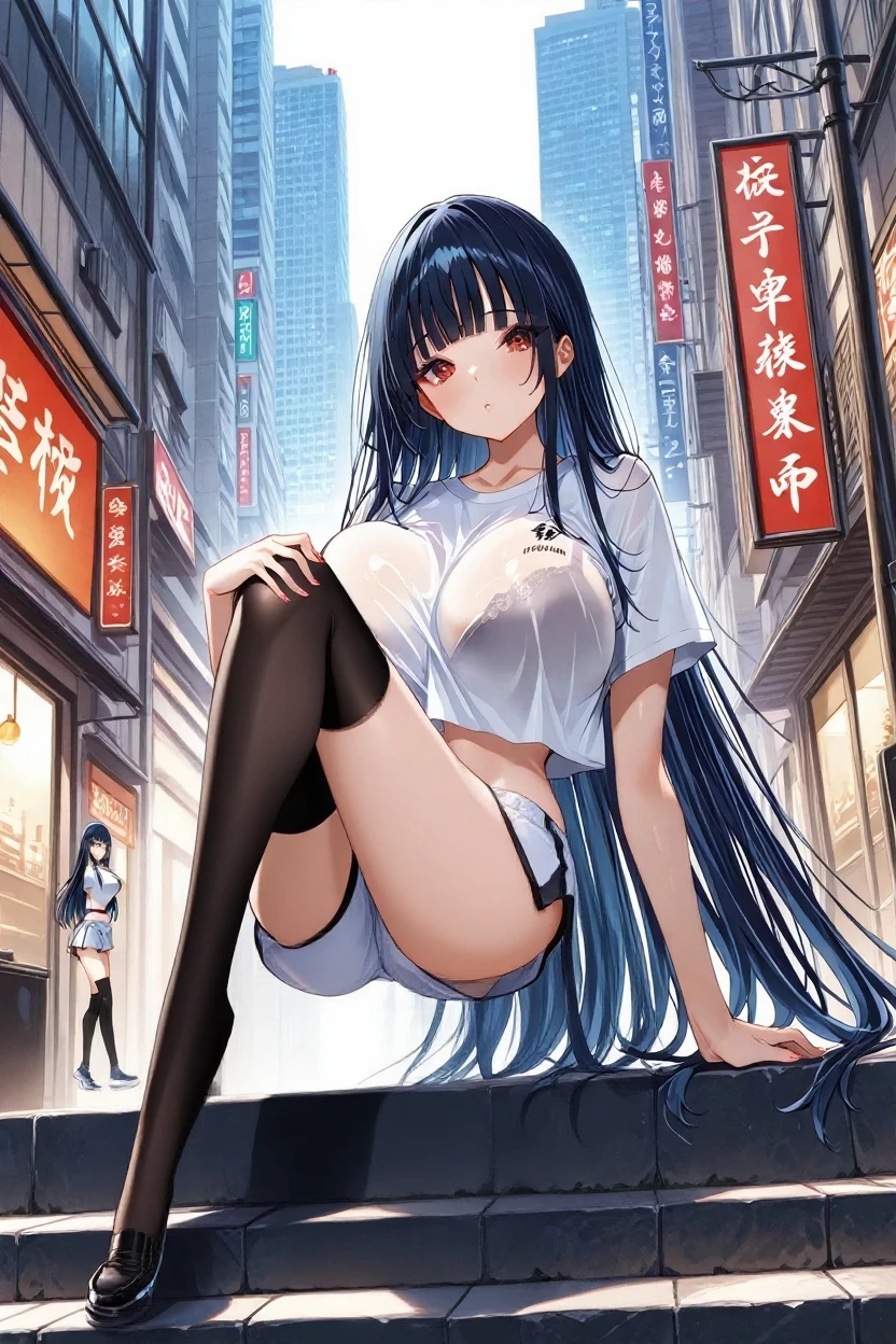 ((masterpiece,best quality anime,Highest quality:1.3)),realistic,cowboy shot,1woman,独奏,(30 year old beauty),((very small head:1.4)),((very long body:1.4)),(dark blue hair),straight long hair,(gorgeous big eyes),black eyes,smile,((slender body:1.4,skinny)),medium breasts,(White tube top shirt、navel、Navy blue tight mini skirt)、oily skin:1.2,gleaming skin,shiny skin, bustling street、Cyberpunk World、