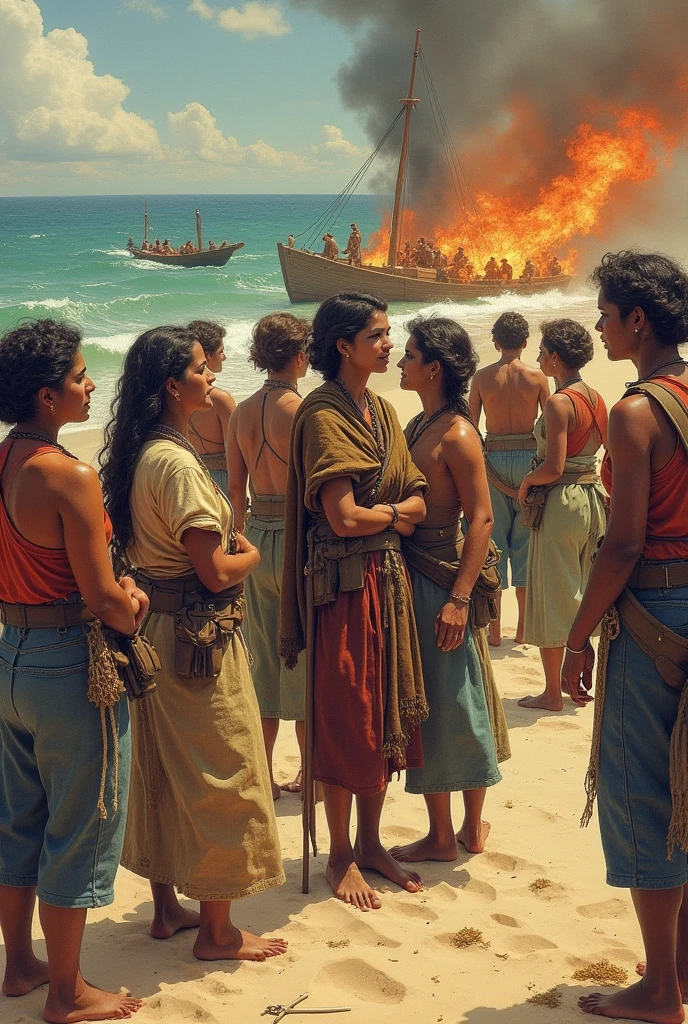 Scene of passengers gathered on the deck of a sailing ship in panic, casting lots to see who should be thrown overboard. 