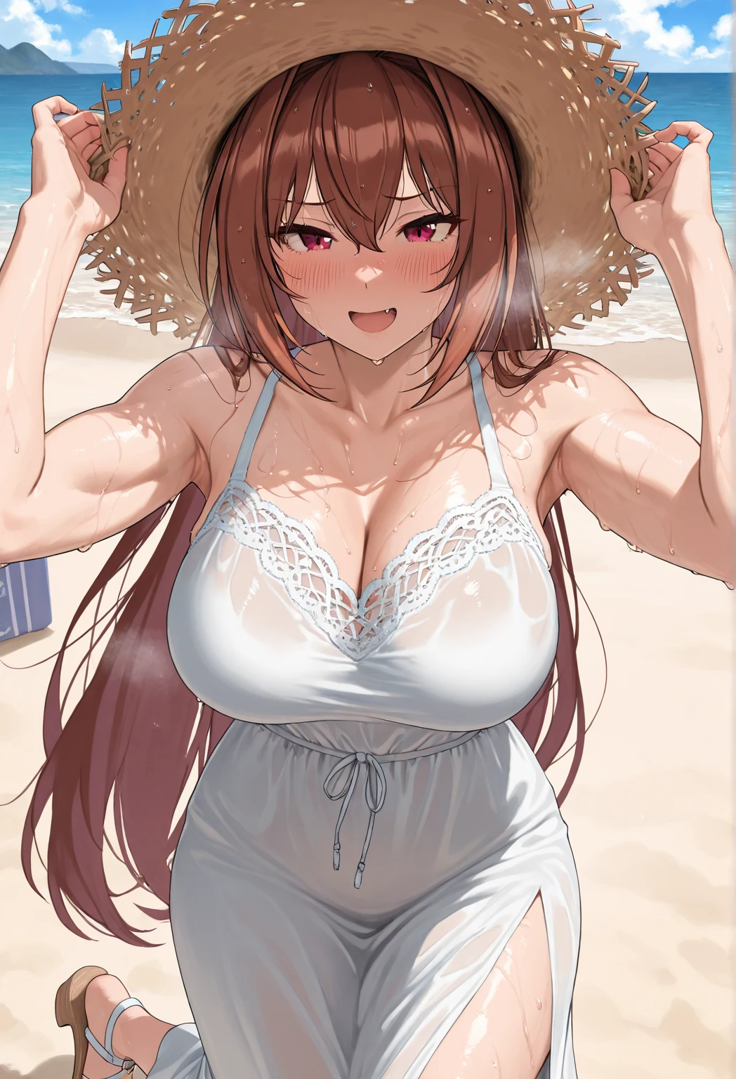 japanese milf, large breasts, drawing, monochrome, beachwear,