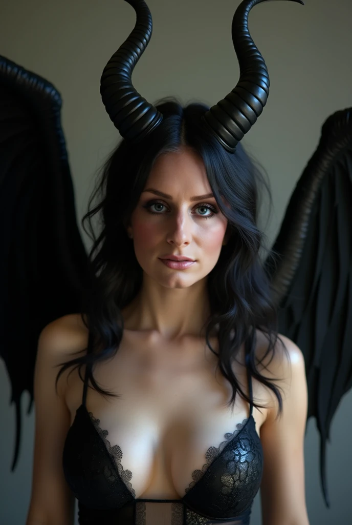 Devil girl with large demon wings, buffalo horns,