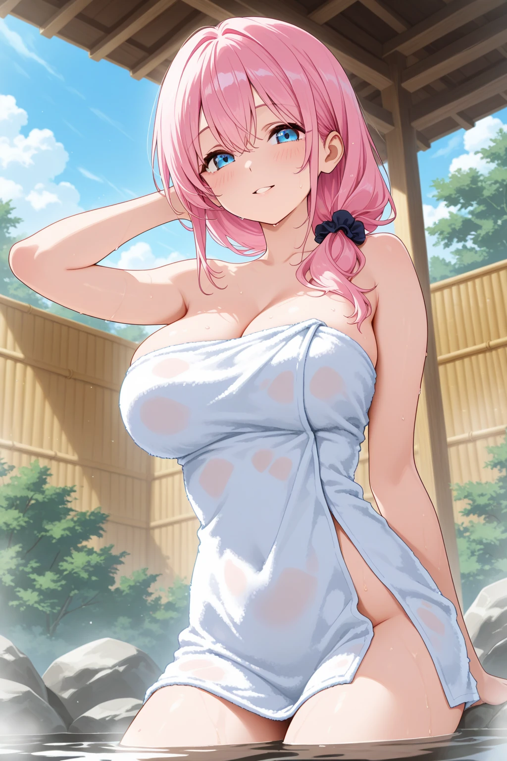 pink hair、pink eyes、big breasts、best style、glamorous body、woman、naked、全naked、open-air bath