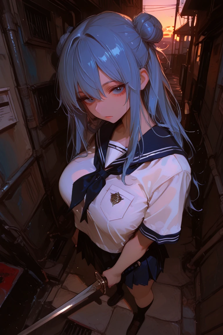 (sweaty skin) (standing, in the Fukuoka hakata city), (pov close up face) (solo:2, 15 yo forehead blue hair long hair panic:1.4 girl), (((heart shaped pupils blue eyes))), hand put on own chest, in a summer school sailor suit, skirt, BREAK, perfect anatomy, masterpiece, best quality, 16k, beautiful detailed grow, daydreaming expression.