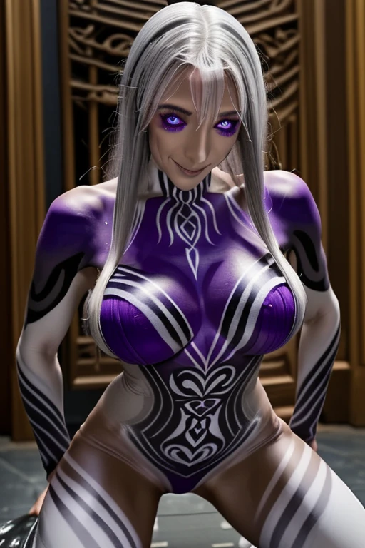 elf woman, light blue glowing eyes, cold expression, proud posture, chest up, black skin, red crotch tattoos, white tied hair, exposed chest, exposed shoulders , showing her navel and thighs, looking up at the camera, with sweat on her body, her wet body, in a medieval inn.