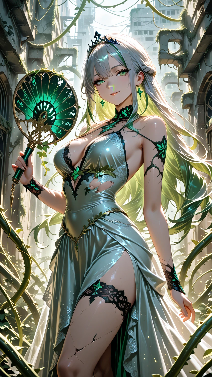 Wearing a long dress made of transparent liquid，Slender transparent ethereal beauty elegant charming, sublime charming elegant glass woman holding a crystal long sword，Delicate and beautiful face，Delicate and beautiful green eyes，Delicate silk wave head，micro Chip，titanium skeleton，pelvis，spine，Glowing gold threads in the body，Luminous inside，Cybernetics Electronic PCB Garden，Highly meticulous、solid、dramatic  lighting、dynamic angle、dynamicposes