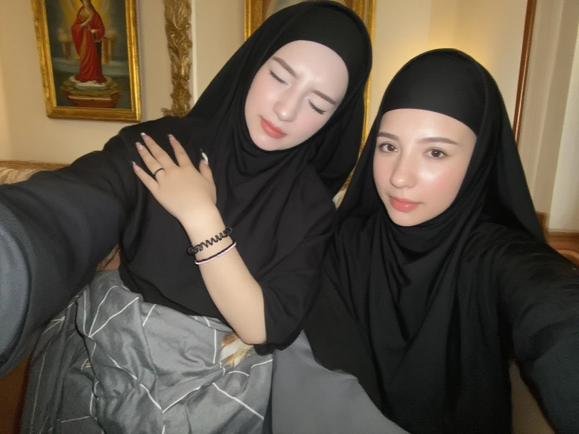 Two village woman, 25 years old, wearing a hijab, (((giant breasts))), sitting in a chair, holding a book, beautiful picture, beautiful face, blue eyes, body goal, smooth and white skin, film quality, very realistic,