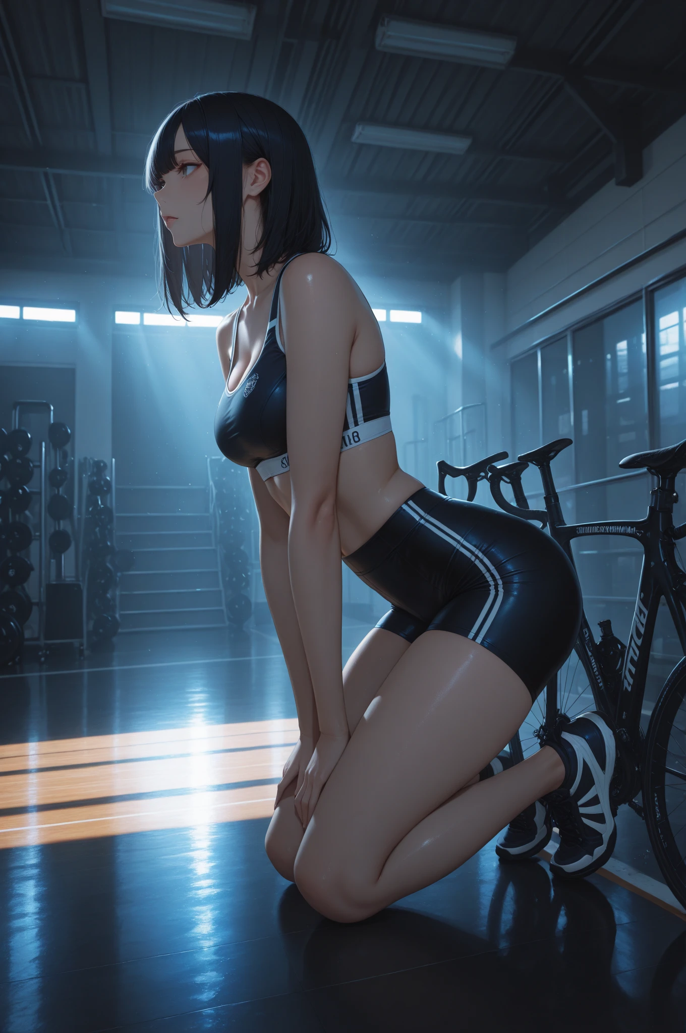 ((Best Quality)), ((Masterpiece)), (High Definition:1.3), 3D, Beautiful (Cyberpunk:1.3), Morning Black Beach, Palm Trees, Corporate Logo, HDR (High Dynamic Range), Ray Tracing, NVIDIA RTX, Super Resolution, Unreal 5, Subsurface Scattering, PBR Texturing, Post-Processing, Anisotropic Filtering, Depth of Field, Maximum clarity and sharpness, multi-layer textures, albedo maps and specular maps, surface shading, accurate simulation of light-material interactions, perfect proportions, octane rendering, two-tone lighting, low ISO, white balance, rule of thirds, wide aperture, 8K RAW, efficient subpixel, subpixel convolution, luminescent particles, smiling smile, Slouching pose, yellow lip grease, earrings large heart shaped, glowing piercings, lips thick, sweat is great, the floor is wet, tattoos, hair color is two-tone, tongue, brown skin, lens flare, foggy, bangs are cut horizontally, cropped bob cut hair, calves are muscular, shoulders are muscular, gentle, leaking, background precise copying, training at the gym, full body shooting, I'm doing yoga stretching, shooting diagonally from below, shooting ???????????, doing push-ups, doing sit-ups,