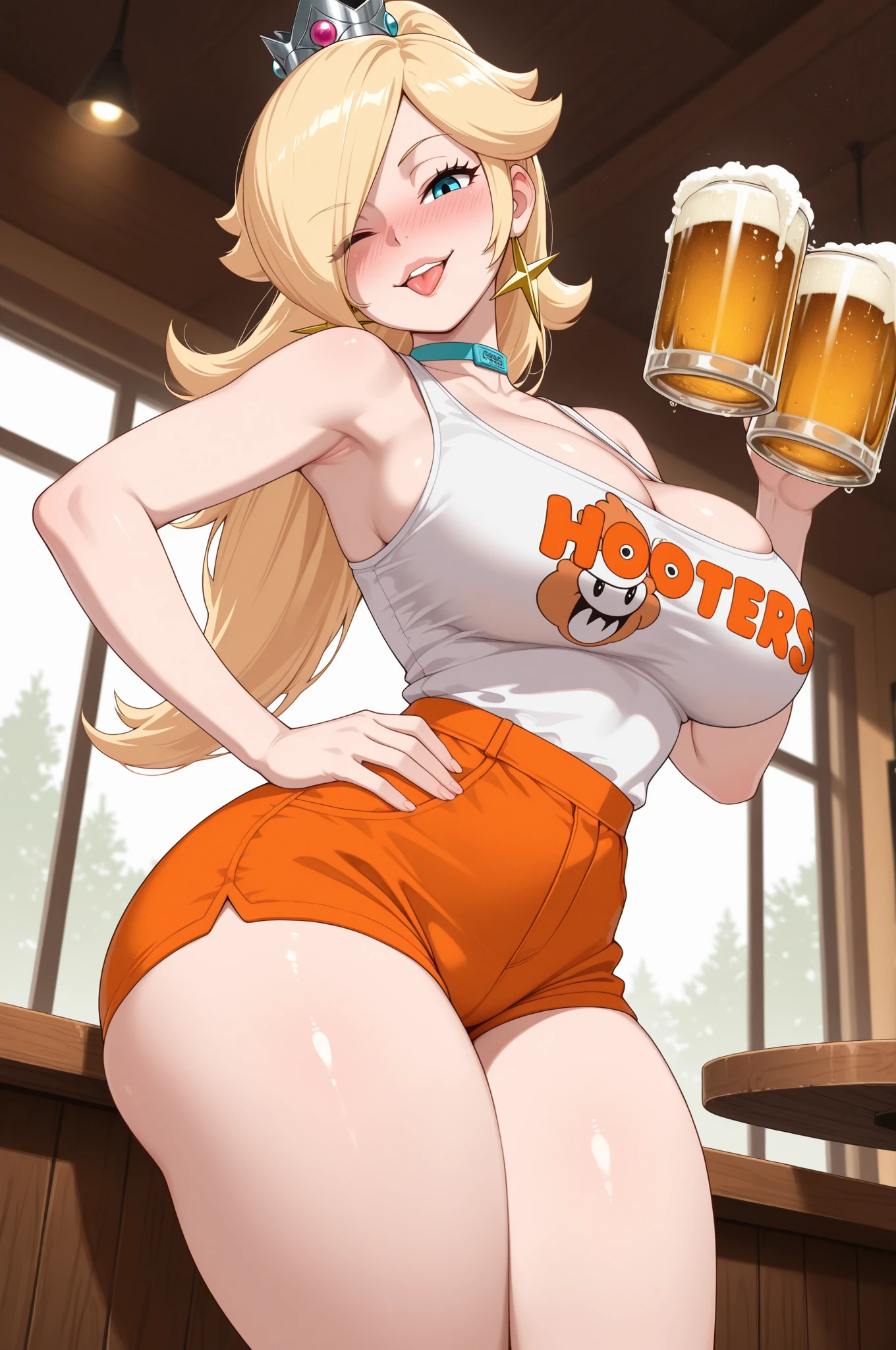 score_9, score_8_up, score_7_up,score_6_up, score_5_up, score_4_up , (hyper breasts:1.3), large areolae, 1girl, solo, HolliW, holliw, makeup, blonde hair, bangs, side locks, thick eyebrows, hair between eyes, makeup, White Dress, White leotard, see-through, white choker, thigh boots, breasts apart, sitting,crossed legs, bar \(place\), neon lights, light particles, annoyed, half-closed eyes, dim_lighting,