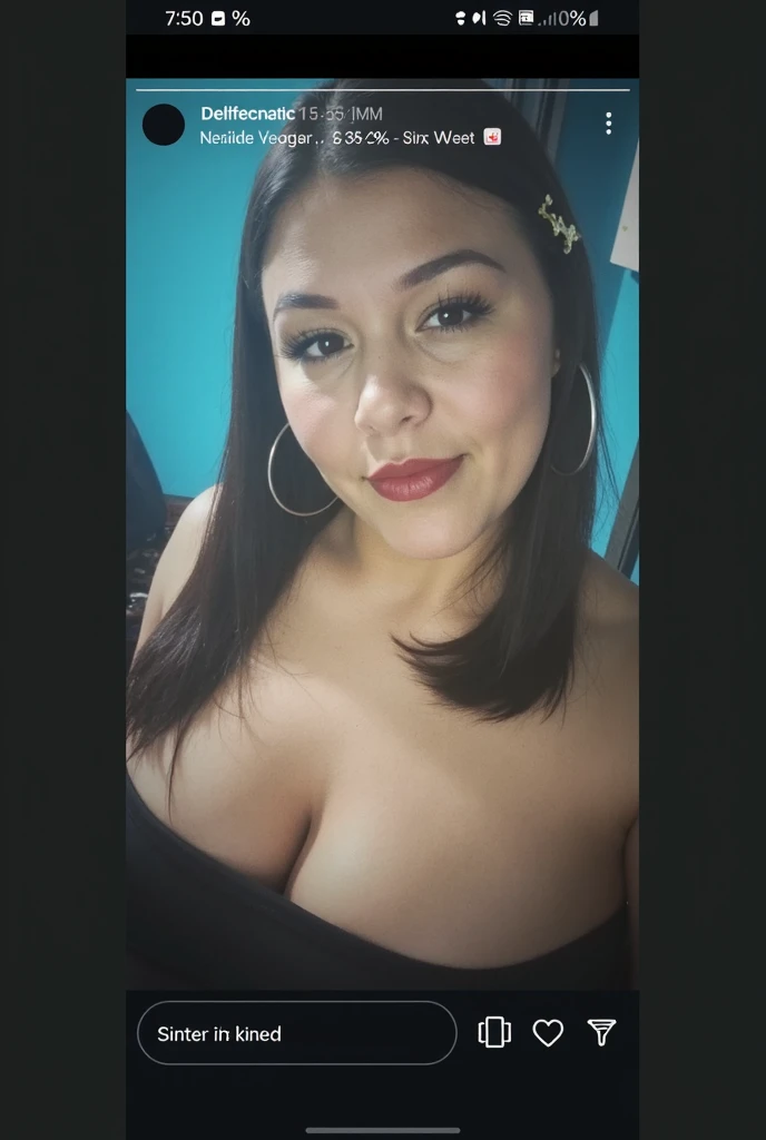 There is a woman without a bra standing in front of a television, she spanks, she is Mexican, posing in a bedroom, (33 years), 30 year old woman, beautiful mexican, in my bedroom, she is in front of the camera, webcam, latina, femenine body, She is posing in a lace garter belt and an open thong 