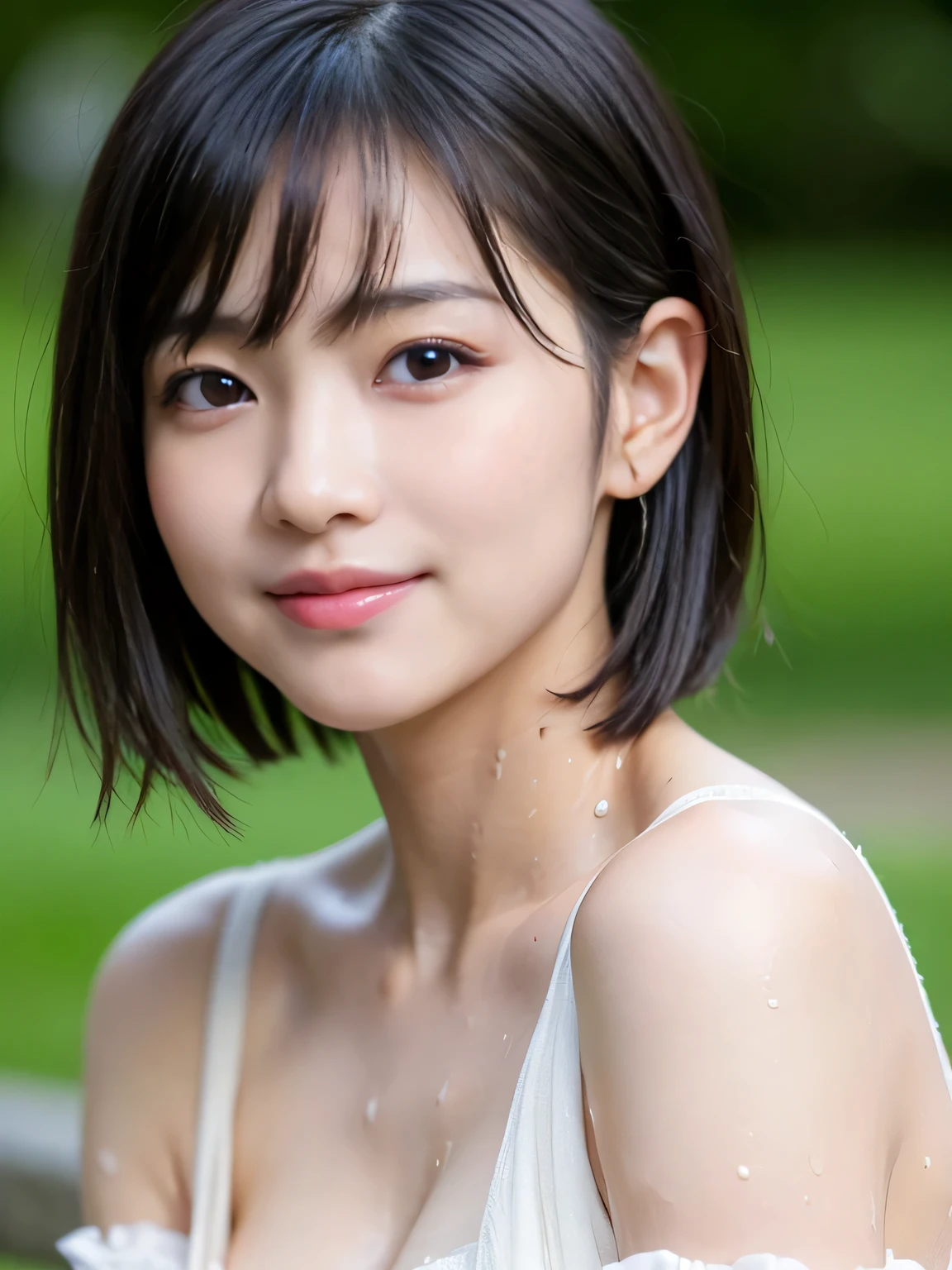 (highest quality,masterpiece:1.3,Ultra-high resolution),(Super detailed,Caustics,8k), (Photorealistic:1.4, RAW shooting),Backlight,sunshine,blue sky,Japanese garden,Japanese,20-year-old,smile,Natural brown short hair,(Short-sleeved tops),(Bust up shot),Natural light,Lens flare,Low position,Low - Angle,Face Focus,Face close up