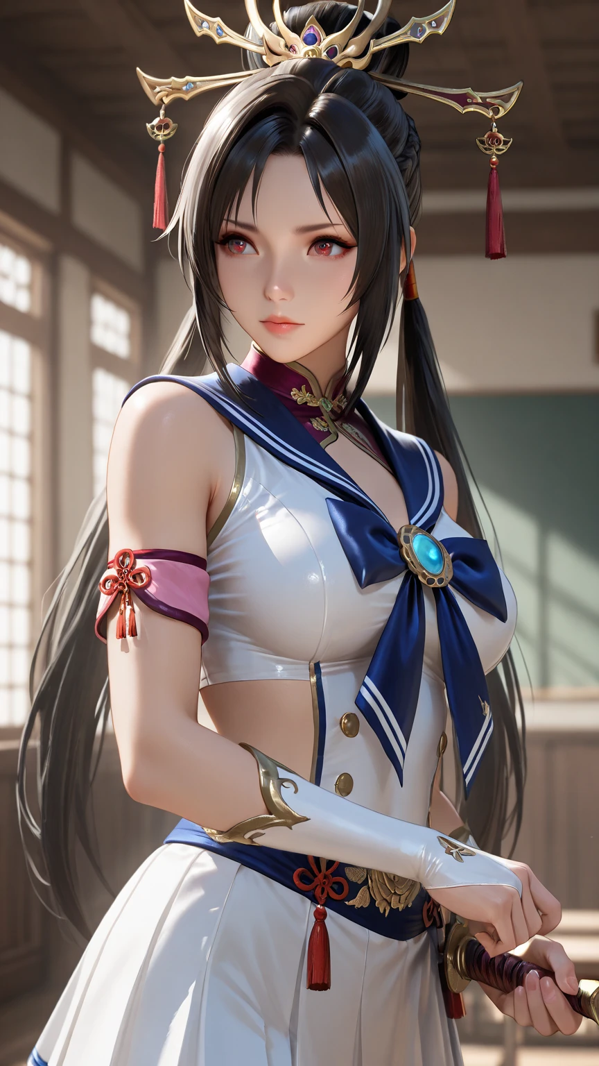 samurai girl, oriental, korean, dark black hair,, Straight Hair, k pop idol, Detailed,, 1 girl, beautiful, 8ｋ, artwork, Hyper realistic, wallpapers, Mini skirt,, samurai armor, sitting, open legs, Pantie、, panties appearing, WHITE panties, Up skirt, cameltoe, thong, pantyshot, ((Light blue lighting))、