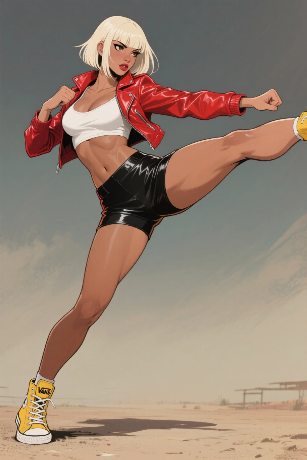 (Masterpiece), (High Definition), 8K, Thai Kickboxer Light Dance, Floating in the Sky, Dark Skin, Muscular, Innocent, Well-groomed Rugged Face, Free Pose, Sexual Appeal, Gloves on Both Hands, Tank Top, Trunks, Flowing Bandana, Crimson Bracelet, Tree Leaf Necklace, Tattoos, Shiny Skin, Loincloth Shorts, (No Bra), Exposure, Jewelry Ornament on Arms, Knee kick, medium chest, thin, one leg knee raised, navel, shoulder, neck, collarbone line, arm ring ribbon, bracelet, anklet, pyroxene chain tassel around belly, (((strip dance)), (outdoor boxing ring, spectator, sunlight, blue sky), ink wash, popular CGSTATION, masterpiece, recent quality, high resolution details, 32K