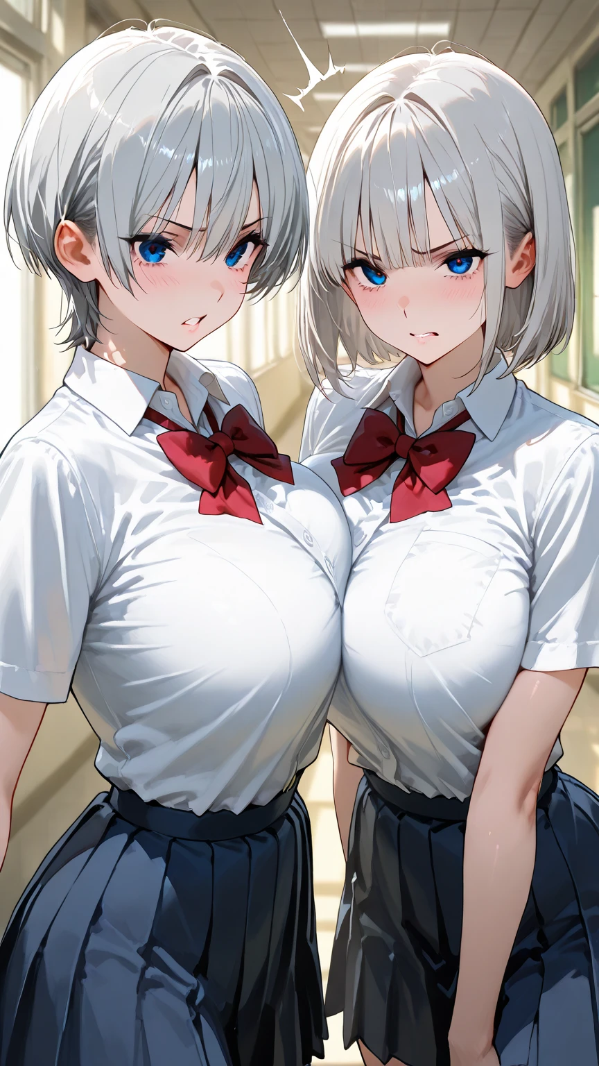 (cute eyes:1.3), (sparkling eyes:1.2), highest quality,wonderful,finely,extremely detailed CG Unity 8K wallpaper, (2 Girls), (white hair, pink eyes, short hair, straight hair, nekomimi, (clothed)), (skinny body:1.3),(huge breasts), (school swimsuit:1.2), golden pattern cheongsam), (cum on nipple:1.2),(torn clothes:1.4) (open mouth:1.1), (embarrassed:1.1), (Black knee socks:1.1),(Thighs:1.2),(Waistline:1.2), (from above:1.2)