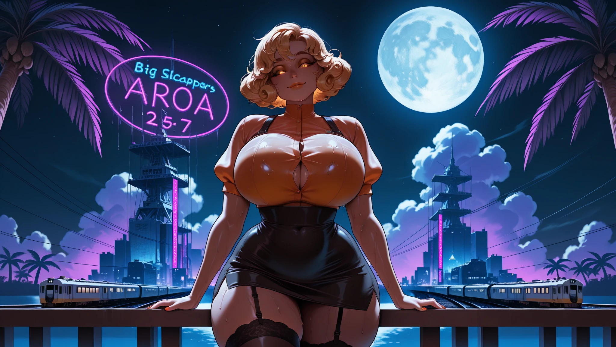 1girl, (((bimbo))),hoop earrings, puffy lips, painted lips, thick lips.
blonde hair, short twintails, wide hips, thick thighs, bursting breasts Nightlife, Night city, Cyberpunk city, futuristic cityscape. Neon lights, (skyscraper:1.1), Tokyo tower, palm tree, cloth sign, ramen stall, night club. bright city lights, exotic car. alcohol, bar, ramen, soup stall ,alcohol bottles,
