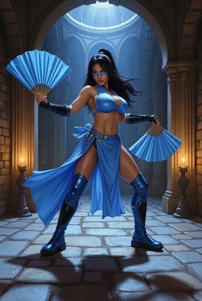 ((2heads)), kitana from mortal kombat,full body, defensive pose, sexy, background from mortal kombat temple,realistic, conjoined, photohraphy