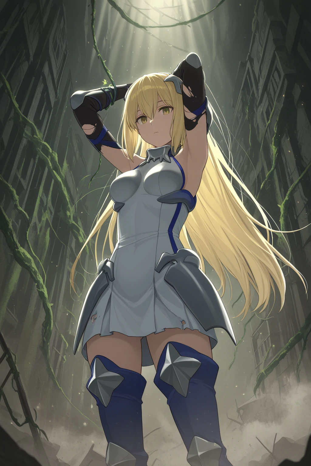 (anime style),masterpiece, best quality, extremely detailed,20Years old,tanned skin,dark skin, Beautiful body,large breasts press,BREAK,multicolored colorful blonde hair,shaggy hair,long hair,long pony hair,BREAK,black eyes,black choker,dignified face,disgust,sad face,open mouth,detailed lips,,BREAK,with vertical stripes sweater,tiara,ripped Princess knight light armor,micro skirt,break,head tilt,in the woods,hands on legs,wariza,ivy clinging to the body,arching back,shackles and cords,