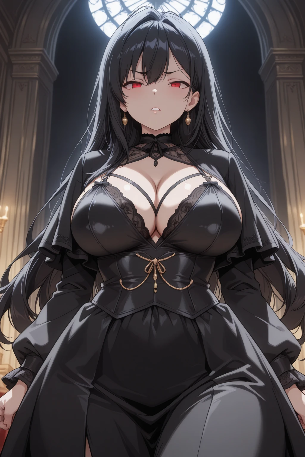 Megalithic circle scenario, Italian girl 25 years old, truly gigantic breasts, very long black hair, her arms are tied with ropes to a menir, black skirt, torn blouse containing her breasts