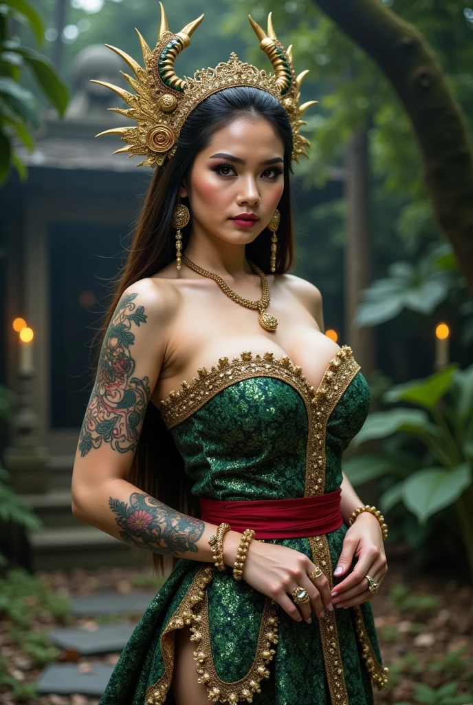 A woman with a necklace with jewels around her neck.
Captivating and hyper detailed depiction of a 38 year old woman. Her fiery red hair with an impressive braided hairstyle. Woman wearing an emerald green rococo punk Long maxi dresst hat exudes an aura of mystery and power. Her face is marked with Tattoos distinctive tribal tattoos. Each black line tells a unique story. Her many piercings are clearly visible. Frontal view of her face ((best quality)) is a masterpiece, revealing her fierce determination and indomitable spirit, like something straight out of a mythological saga. highly detailed digital image in 8k, Full Body pose, crocodile clothes, athletic body and medium sized breasts, Long Maxi rococo Punk dres