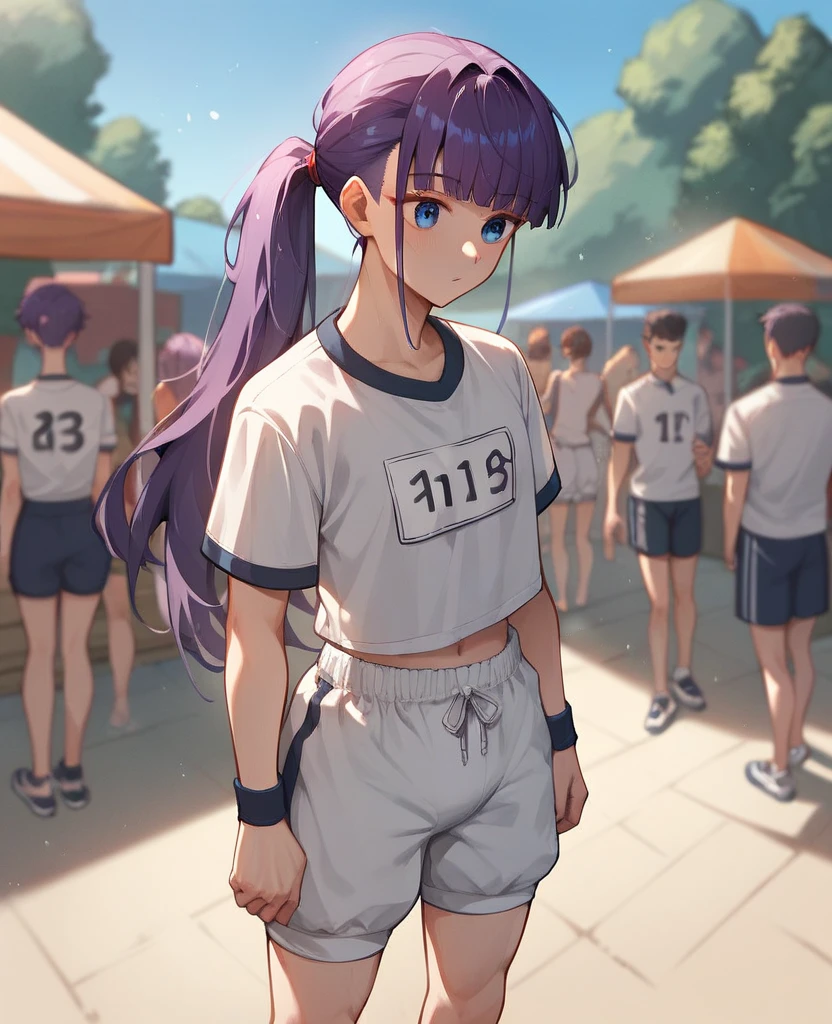 1 Girl, purple hair, long hair, hairclip, sports shorts and crop top, without the bike
