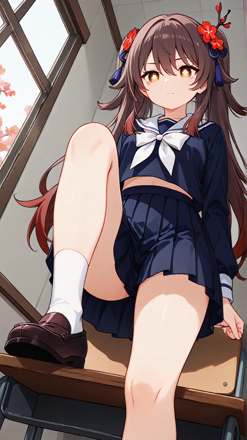 Happy,high school girl、uniform、In front of the station、blush、Low - Angle、from the front((Multiple Views))Best image quality,High brightness,Lace panties,mini skirt,hair band、Knee-high boots