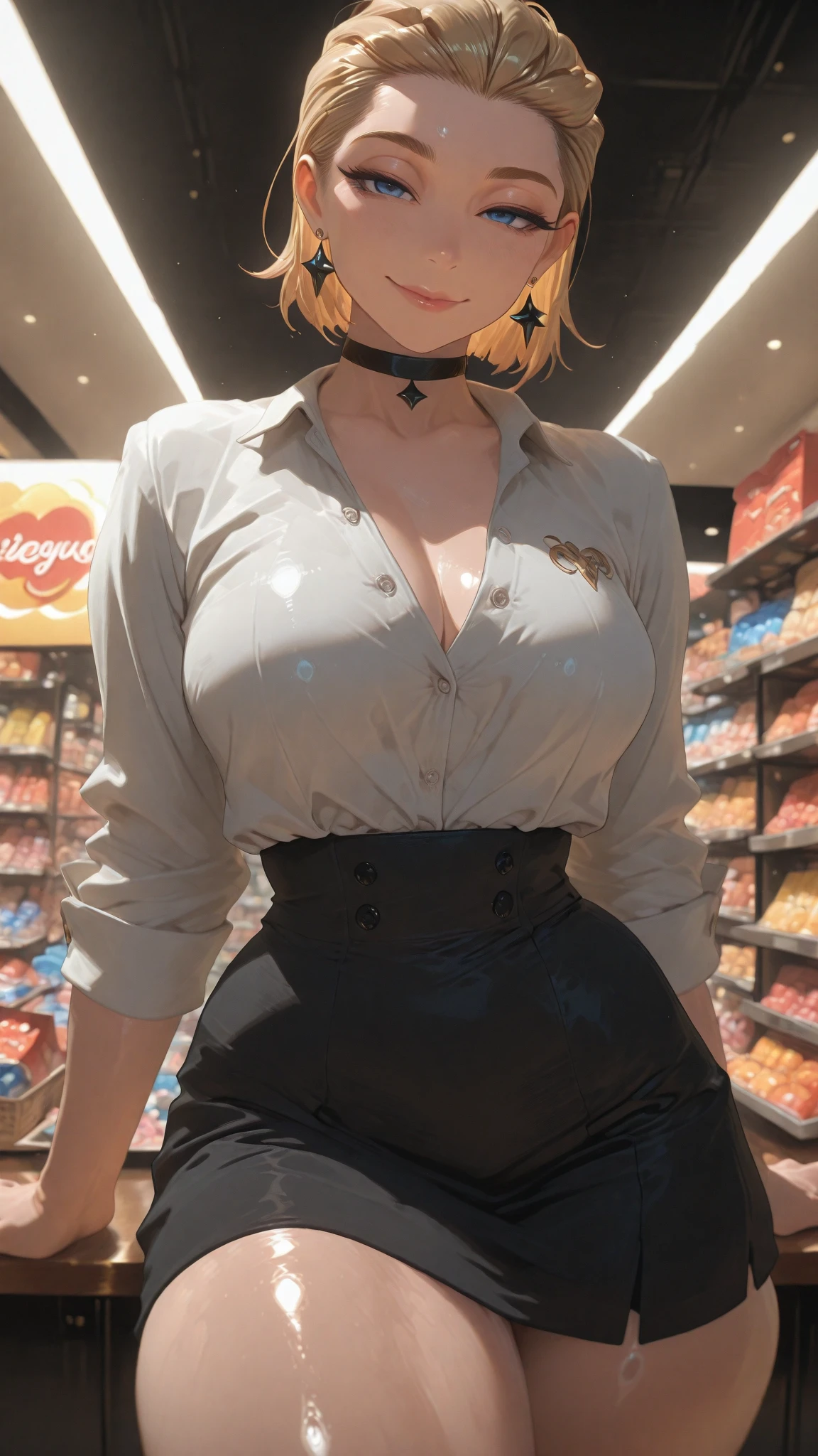 (Muscular:2.2), (thick thighs:2.1), 
(latina woman, brown skin:1.8), (blunt bangs, ponytail),
eyeshadow,
detailed eyes, (big smile:1.7), detailed skin,
(small breasts:2), hard nipples,
(choker, (red) collared shirt, tight khaki pants:1.8), 
(upper body view:1.3), (looking at viewer), (three quarter view:1.5),
(convenience store:1.3), rim lighting, two tone lighting, dimly lit, bokeh