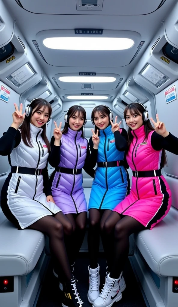 masterpiece, best quality, ultra-detailed, Four cheerful young women strapped into padded reclining launch seats aboard a futuristic orbital shuttle, posing for a group shot just before liftoff. They are wearing shiny, quilted puffer dresses in silver, lavender purple, neon blue, and hot pink with black belts and high collars, over black long-sleeved undersuits, black leggings, and space boots. Each wears sleek black futuristic headphones. The interior is compact and filled with illuminated control panels, holographic indicators, and padded walls with emergency labels, while the others smile and gesture peace signs. The mood is joyful, excited, and slightly tense — the electric anticipation before takeoff captured in a pop-sci-fi idol style.