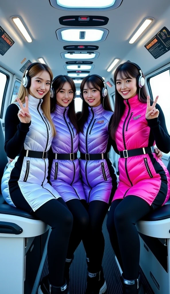 masterpiece, best quality, ultra-detailed, Four cheerful young women strapped into padded reclining launch seats aboard a futuristic orbital shuttle, posing for a group shot just before liftoff. They are wearing shiny, quilted puffer dresses in silver, lavender purple, neon blue, and hot pink with black belts and high collars, over black long-sleeved undersuits, black leggings, and space boots. Each wears sleek black futuristic headphones. The interior is compact and filled with illuminated control panels, holographic indicators, and padded walls with emergency labels, while the others smile and gesture peace signs. The mood is joyful, excited, and slightly tense — the electric anticipation before takeoff captured in a pop-sci-fi idol style.