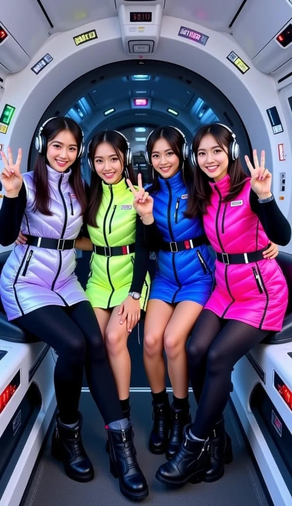 masterpiece, best quality, ultra-detailed, Four cheerful young women strapped into padded reclining launch seats aboard a futuristic orbital shuttle, posing for a group shot just before liftoff. They are wearing shiny, quilted puffer dresses in silver, lavender purple, neon blue, and hot pink with black belts and high collars, over black long-sleeved undersuits, black leggings, and space boots. Each wears sleek black futuristic headphones. The interior is compact and filled with illuminated control panels, holographic indicators, and padded walls with emergency labels, while the others smile and gesture peace signs. The mood is joyful, excited, and slightly tense — the electric anticipation before takeoff captured in a pop-sci-fi idol style.