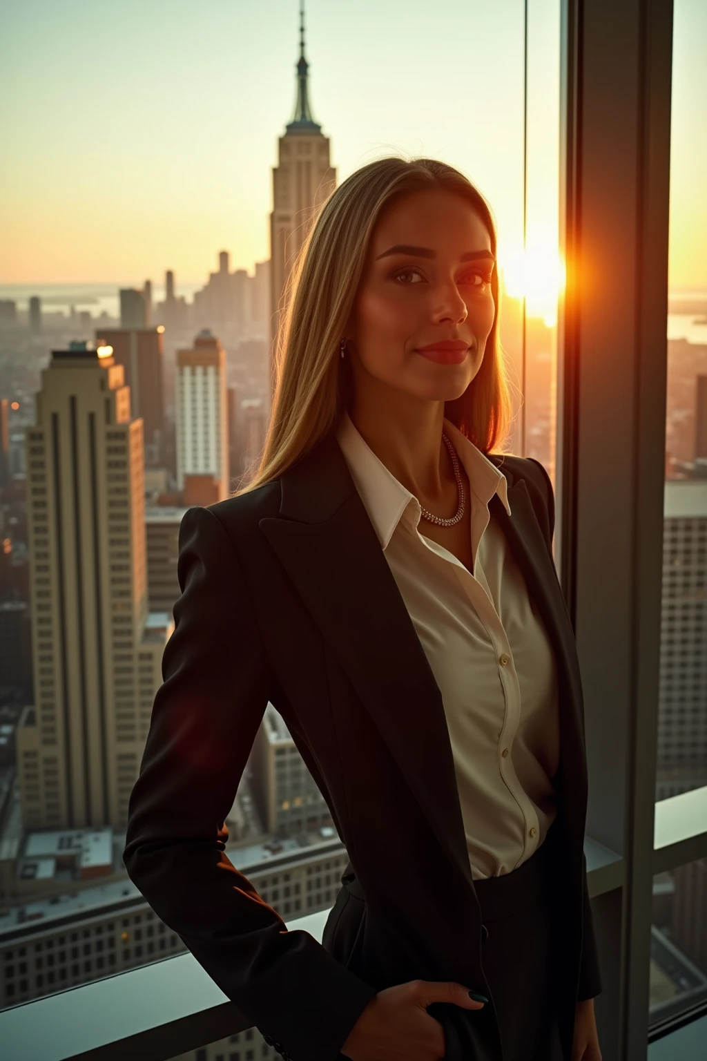 An urban white-collar woman stopping in front of a glass window in her office，Use reflective finishing suits and ties，The afterglow of a golden sunset hits her exquisite makeup through the glass，The cityscape of a high-rise office building extends from behind，to create a powerful urban silhouette，professional portrait photography