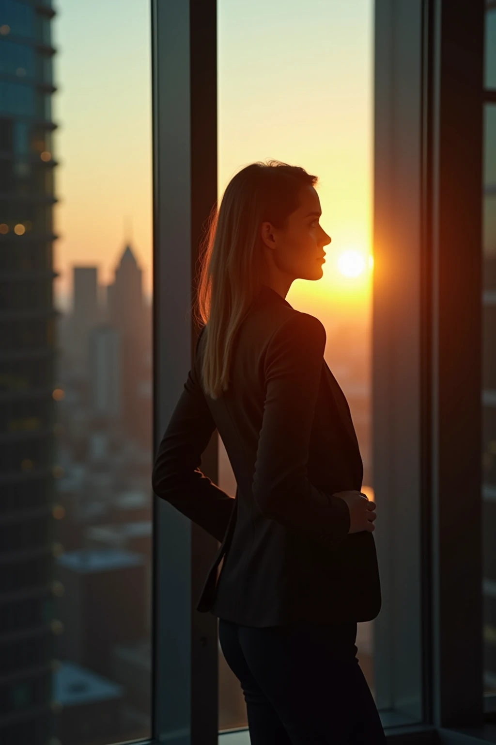 An urban white-collar woman stopping in front of a glass window in her office，Use reflective finishing suits and ties，The afterglow of a golden sunset hits her exquisite makeup through the glass，The cityscape of a high-rise office building extends from behind，to create a powerful urban silhouette，professional portrait photography