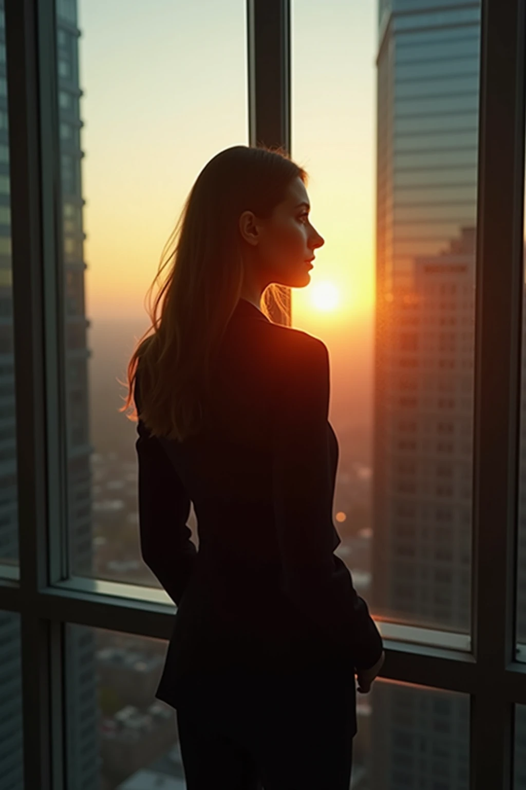 An urban white-collar woman stopping in front of a glass window in her office，Use reflective finishing suits and ties，The afterglow of a golden sunset hits her exquisite makeup through the glass，The cityscape of a high-rise office building extends from behind，to create a powerful urban silhouette，professional portrait photography