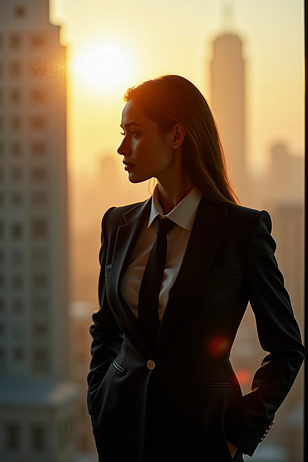 An urban white-collar woman stopping in front of a glass window in her office，Use reflective finishing suits and ties，The afterglow of a golden sunset hits her exquisite makeup through the glass，The cityscape of a high-rise office building extends from behind，to create a powerful urban silhouette，professional portrait photography