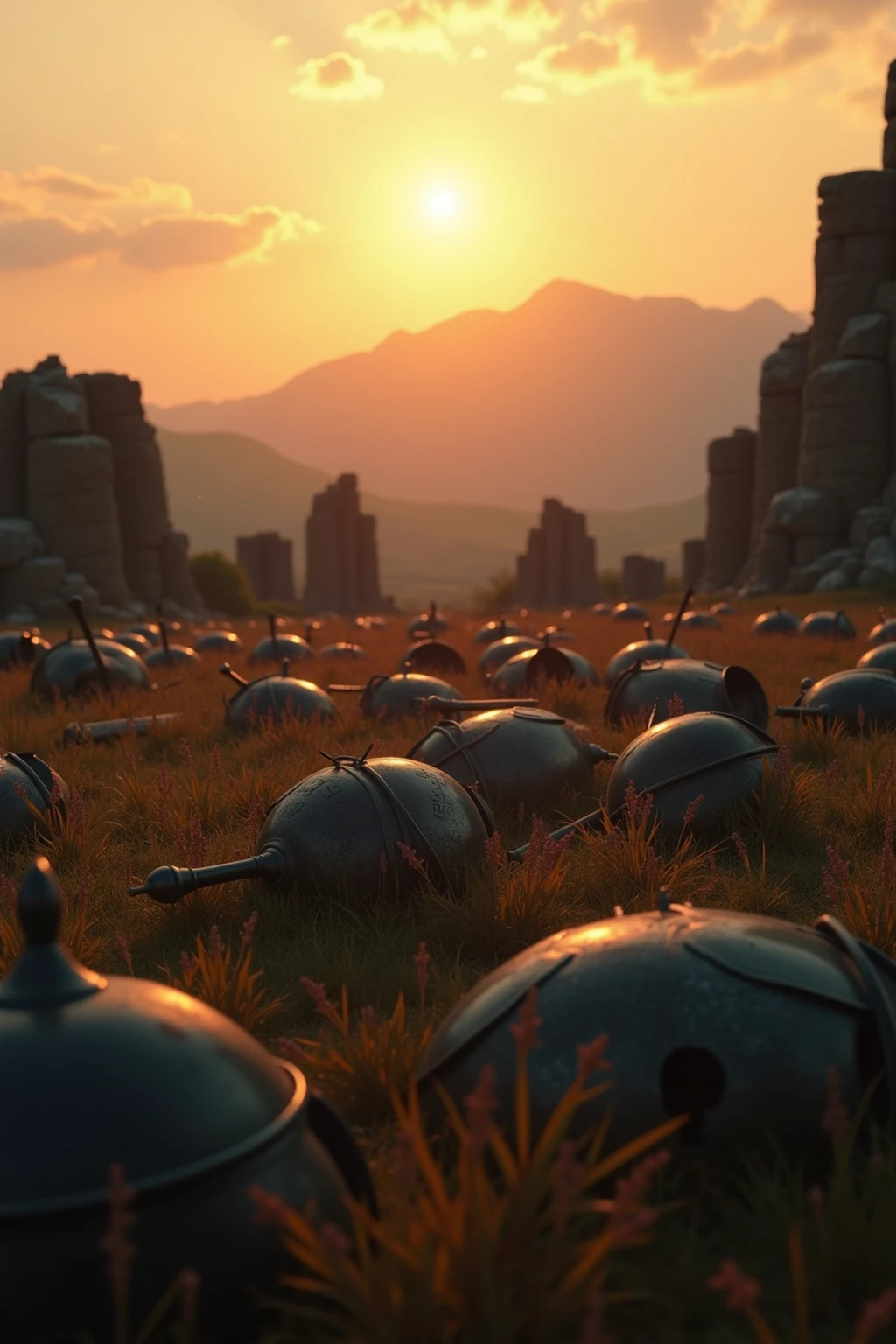 Epic ruins of an ancient battlefield，Dorian Graves，Broken armor and spears scattered in the grass，In the distance are rolling mountains，The afterglow of the orange sunset shines on bronze objects，The atmosphere is heavy and solemn，8K Ultra HD photography，Cinematic shots，Depth of field effect