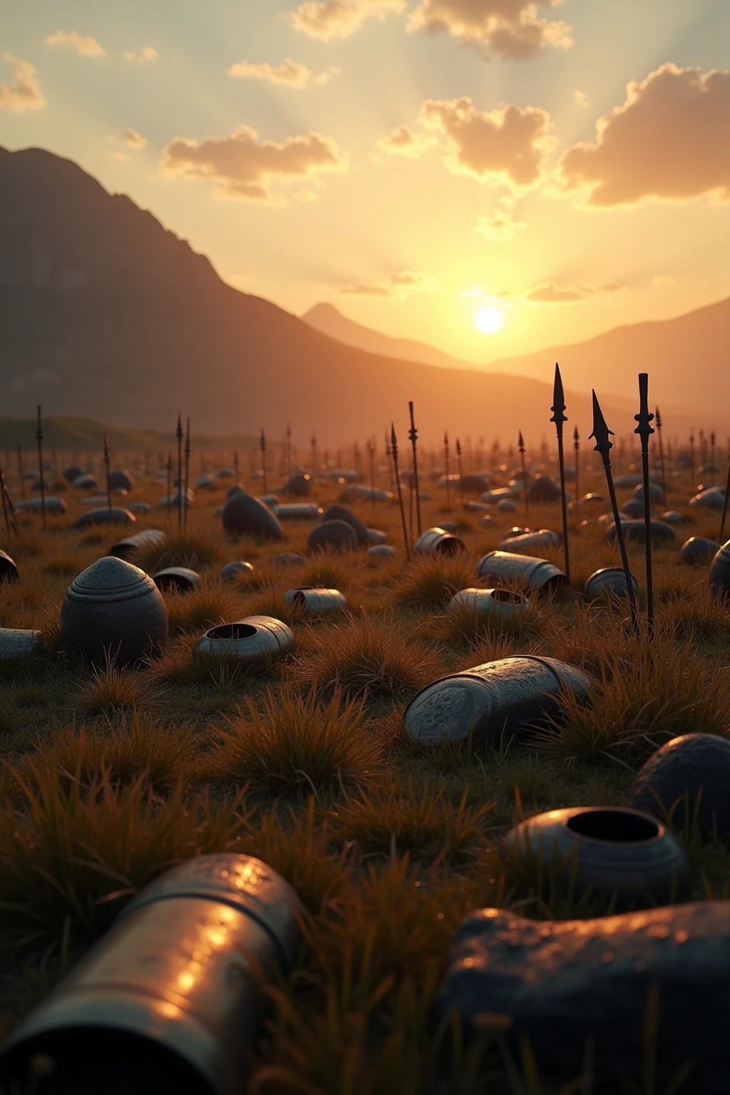 Epic ruins of an ancient battlefield，Dorian Graves，Broken armor and spears scattered in the grass，In the distance are rolling mountains，The afterglow of the orange sunset shines on bronze objects，The atmosphere is heavy and solemn，8K Ultra HD photography，Cinematic shots，Depth of field effect