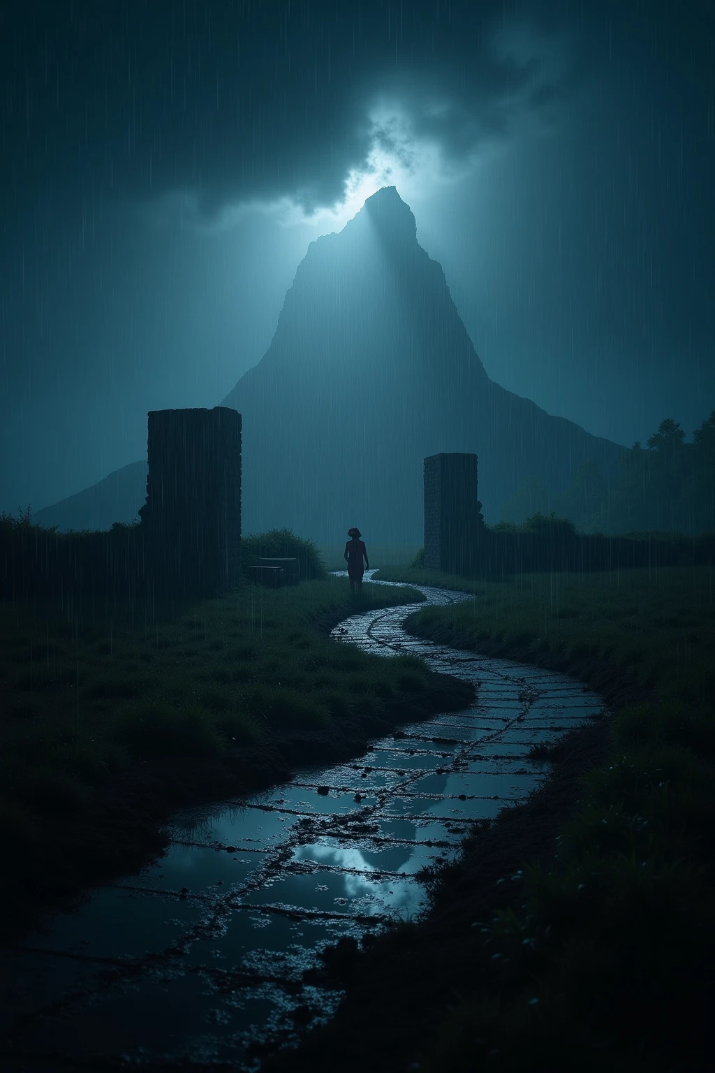 Ancient battlefield ruins in the middle of a rainy night,Torrential downpour,Lightning illuminates the skyline,Glimmer light is reflected on the muddy ground,There is a looming mountain outline in the distance,The atmosphere is depressing and dramatic,Cinematic lighting,ultra clear details