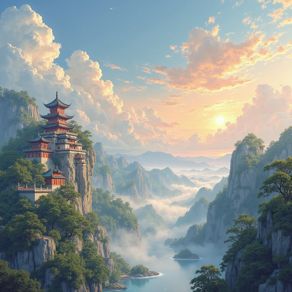 detailed delicate edge-to-edge realistic landscape painting,4k高清,Super realistic,Extremely realistic,a lot of color saturation,the Sun Shining,Detailed,Strong sense of layering,The changes in light shadow are moving,Majestic,the sky is flowing the clouds are ethereal,The architecture is simple elegant,Strong cultural atmosphere,professional photographer later