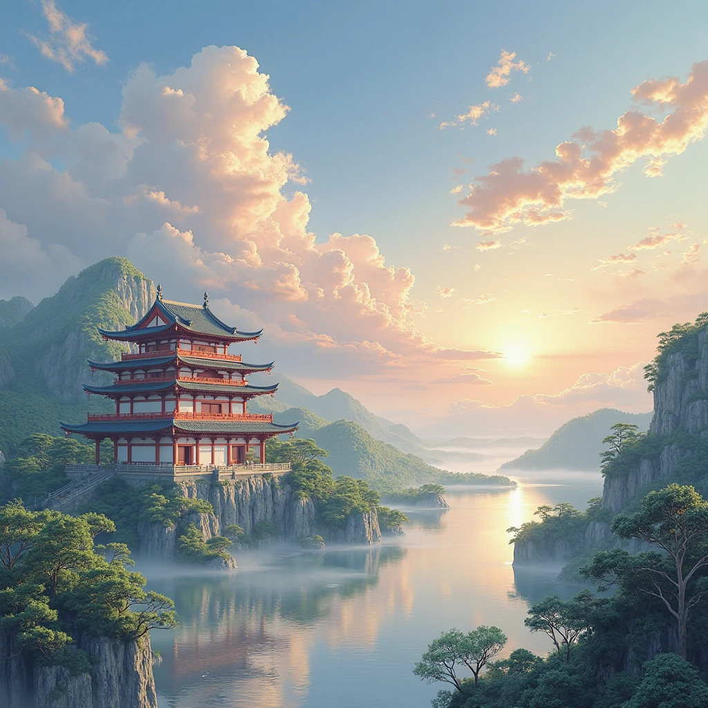 detailed delicate edge-to-edge realistic landscape painting,4k高清,Super realistic,Extremely realistic,a lot of color saturation,the Sun Shining,Detailed,Strong sense of layering,The changes in light shadow are moving,Majestic,the sky is flowing the clouds are ethereal,The architecture is simple elegant,Strong cultural atmosphere,professional photographer later